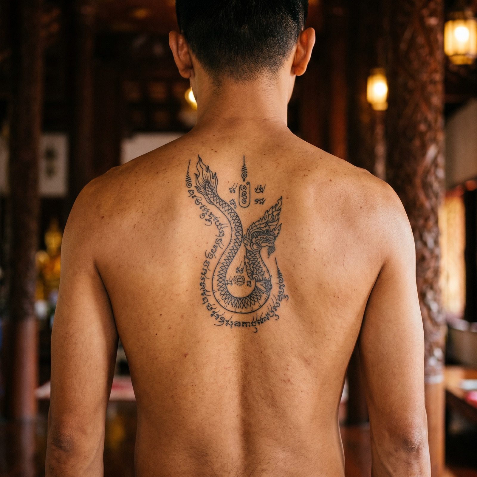 Custom Lanna (Naga) Sak Yant design — close-up