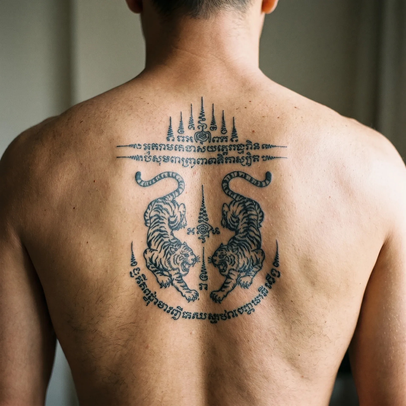 Suea (twin tigers) Sak Yant design — close-up